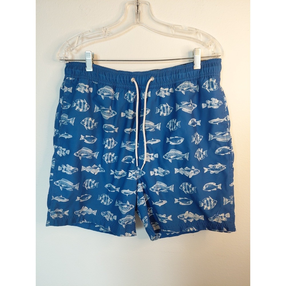 Nautica Trunk Board Shorts Men's Sz M Blue Fish AllOver print Pockets Lined Swim